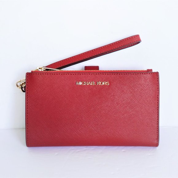 Michael Kors Jet Set Travel Large Double Zip Wristlet Red Flame - Picture 1 of 9